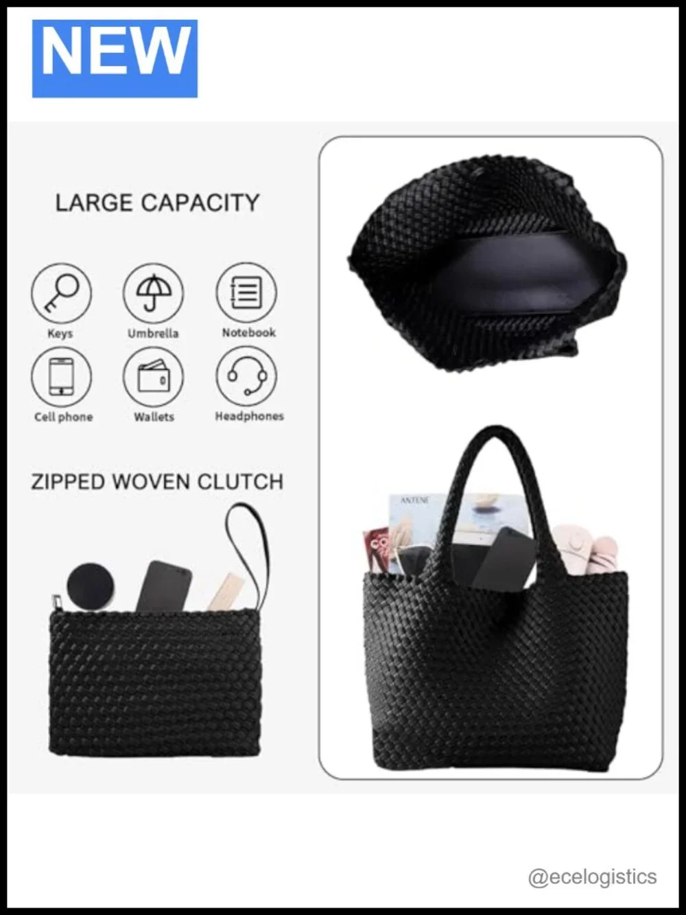 Vegan Leather Woven Tote Bag with Small Purse, Magnetic Closure, Shoulder